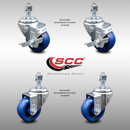 Service Caster 3 Inch SS Solid Polyurethane Swivel 12mm Threaded Stem Caster Brakes, 2PK SCC-SSTS20S314-SPUS-M1215-2-TLB-2